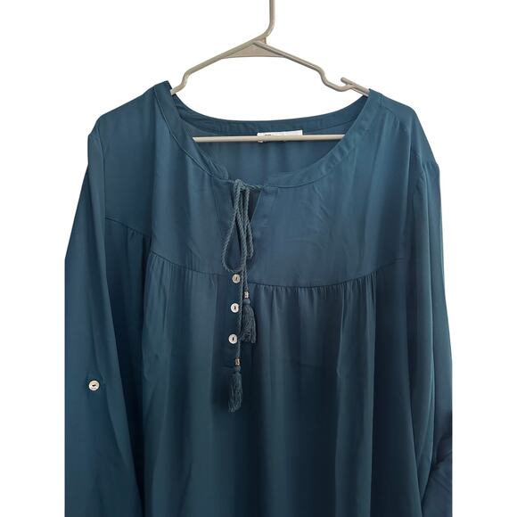 DR2 Teal Peasant Blouse Women’s Size 3X Boho Tassel Tie Long Sleeve Top - Picture 4 of 8